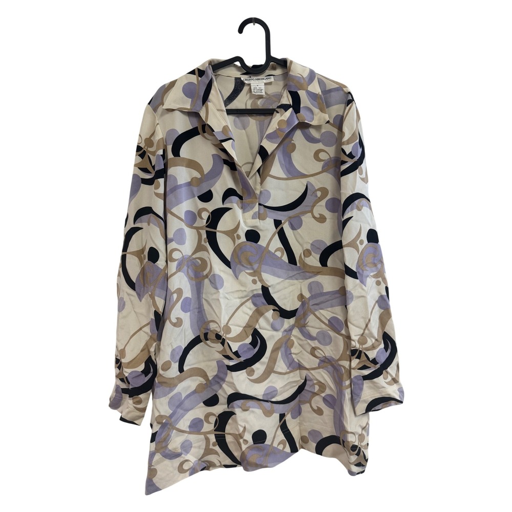 Gruppo Americano Silk Tunic Top Abstract Swirl Print Lavender Tan Cream Medium